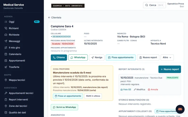 La scheda di un cliente con il riquadro «Cosa proporre»: manutenzione scaduta da sei mesi, con le date e i pulsanti per fissare un appuntamento o metterlo in attesa. Dati inventati.