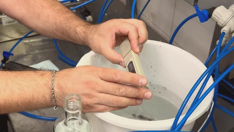 Le mani di un tecnico al banco prova: uno strumento in un secchio d’acqua, tubi blu e una bottiglia trasparente