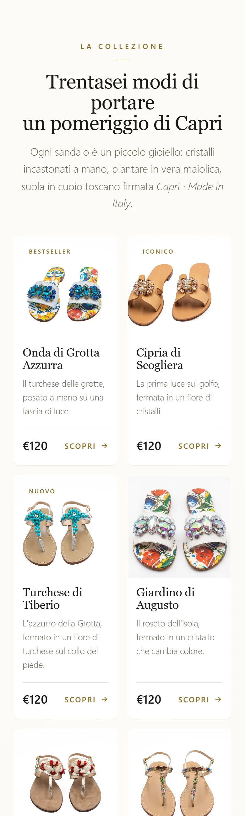 Il sito di Capri Bells visto da telefono: la collezione dei sandali gioiello