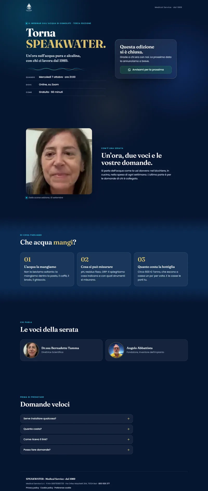 La pagina di prenotazione di SPEAKWATER su osmolife.it: il titolo «Torna SPEAKWATER.», data e luogo della serata e le tre domande di cui si parla