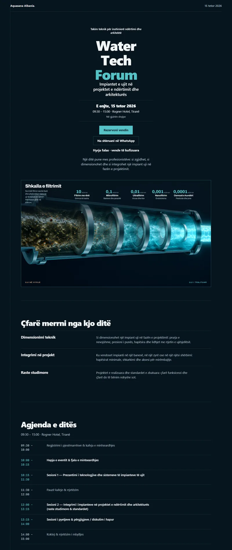 La pagina del Water Tech Forum su aquasana.al: titolo, data del 15 ottobre 2026 a Tirana e programma della giornata, in albanese